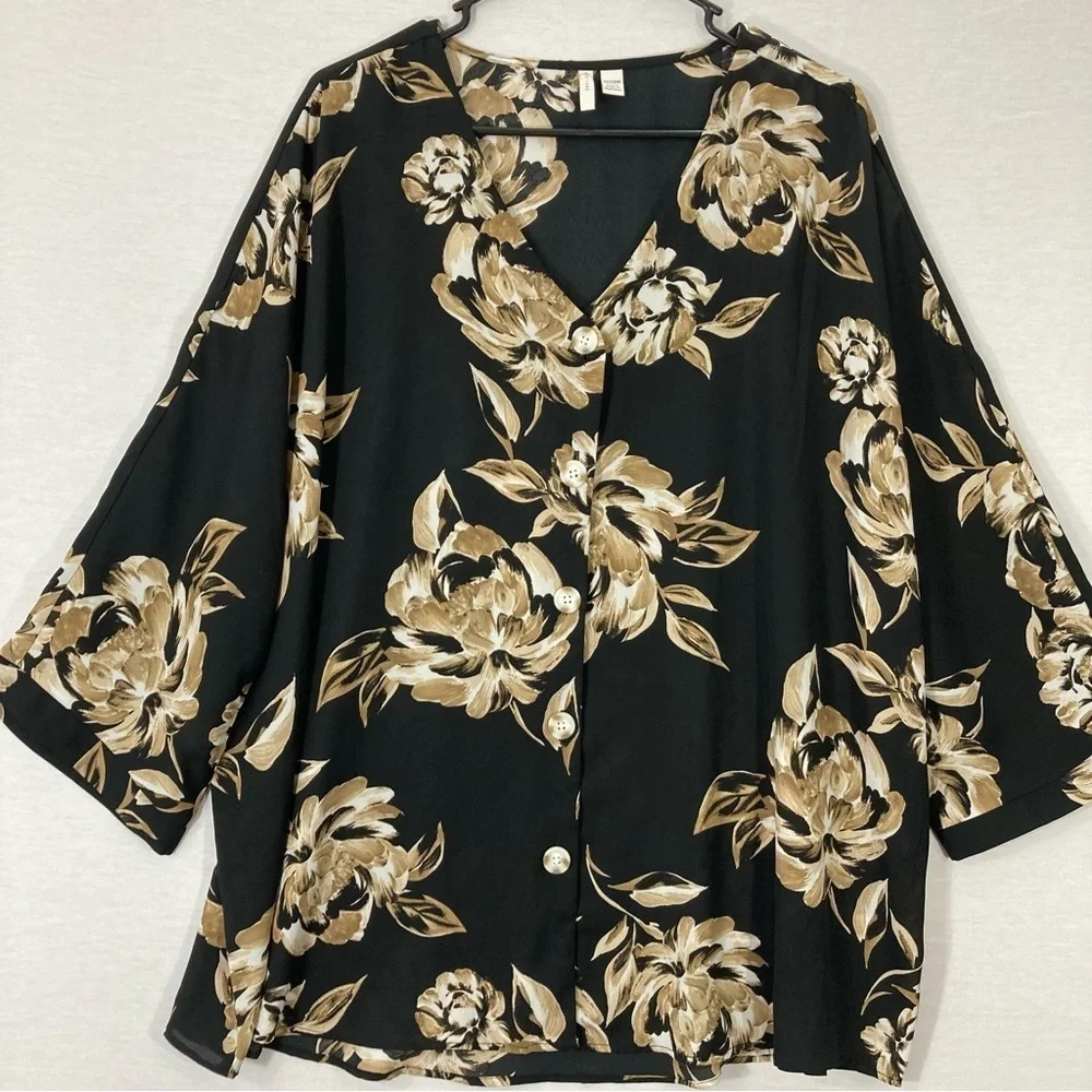 Est. 1946 Brown Black Floral V-Neck Button Down size 22/24